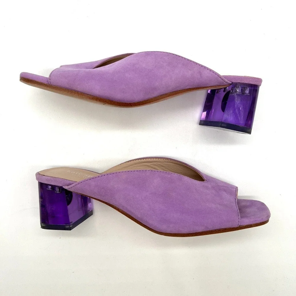 Kate Spade Mules Women 5.5 Purple Suede Lucite Block Heel Crystal Detail